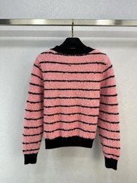 Women's Hoodies 2023 Autumn/Winter Round Neck Butterfly Yarn Color Block Stripe Hardware Button Slim Fit Knit Pullover