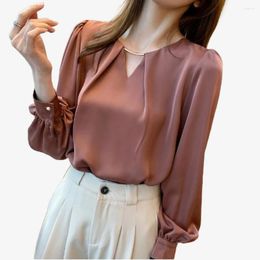 Women's Blouses High Quality Satin Silk Shirt Elegant OL Office Ladies Top LONG Sleeve O-neck Basic Turn-down Collar Solid Button