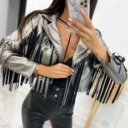 Women's Jackets Autumn Solid Color High Street Cardigan Fashion Long Sleeve Short Coats Outwear Elegant Lapel Tassel Patchwork PU Leather