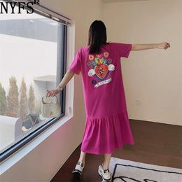 Dresses Nyfs 2023 Summer New Korea Woman Dress Vestidos Robe Elbise Loose Plus Size Cotton Flowers Short Sleeve Long Dresses