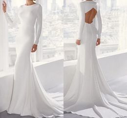 Sexy Mermaid Open Back Wedding Dress 2024 Jewel Court Train Soft Satin Long Sleeve Country Simple Bridal Gown Vestidos De Novia