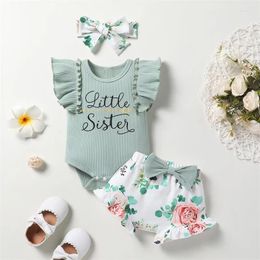 Clothing Sets 0-18M Infant Girl 3Pcs Outfit Letter Print Sleeve Romper With Flower Shorts And Bow Headband Set Summer 2024