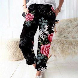 Women's Pants Floral Printed Cotton And Linen Pockets Casual Fashion Trousers Plus Size Streetwear Baggy Loose Long Jeggings