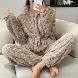 Women's Sleepwear Plush Pyjama Set Cosy Winter Pyjamas With Stand Collar Thick Warm Homewear Coat Trousers Solid Colour Zipper Closure