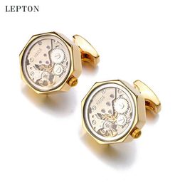 Watch Movement Cuff links of Immovable With Glass Lepton Stainless Steel Steampunk Gear Watch Mechanism Cufflinks for Mens347w