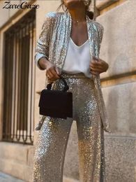 Women s Two Piece Pants Fashion Shiny Sequined Jacket Pant Suit Women Long Sleeve Coat Wide Leg Trousers 2 Set Autumn Loose Elegant Lady Sets 231218