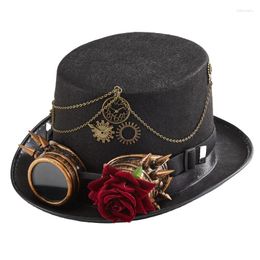 Berets Gothic Retro Hat Steampunk Rose Gears Chains Top Vintage Goggles Fedora For Party