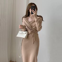 Basic Casual Dresses Harajuku Vintage Korean Sweater Maxi Dresses for Women Draw String Bodycon Slim Knitted Lady Woman Dress Autumn 231218