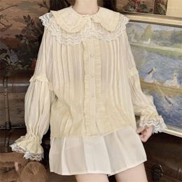 Women's Blouses Autumn Kawaii Lace Patchwork Lolita Blouse Women Japanese Soft Sweet Cute Shirt Preppy Style Chic Fairy Jk Long Sleeve Top