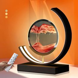 Decorative Objects Figurines 3D LED Creative Quicksand Art Sand Painting Lamp with Remote Control 360° Rotatable Hourglass Table Decoration 231216