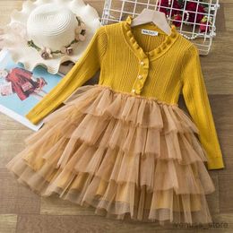 Girl's Dresses Girl Child Princess Dress Party Dress for Girl Knitting Sweater Layers Cute Clothes Winter Long Sleeve Formal Gown Elegant Dress