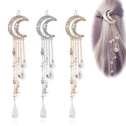 Fashion Rhinestone Crescent Hairpin Luxury Crystal Tassel Pendant Moon Hair Clip for Women Girls Jewelry Hair Accessories Gifts