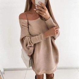 Casual Dresses Sweater Dress Long Sleeves Loose Pullover Knitted Elastic Keep Warm Soft Diagonal Neck Winter Mini Female Clothes