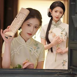 Ethnic Clothing Elegant Embroidery Chiffon Qipao Chinese Women Mandarin Collar Short Sleeve Cheongsam Daily Dress