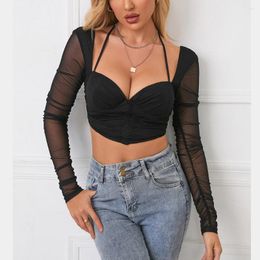 Women's T Shirts Square See-through Collar Cropped Small Top Mesh