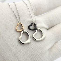 New Arrive Fashion Lady 316L Titanium steel 18K Plated Gold Necklaces With Letter T Hollow Out Double Heart Pendant 3 Color340B