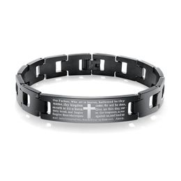 Men's Black Biker Heavy Chain Lord's Prayer Cross Bracelet in Stainless Steel198Q