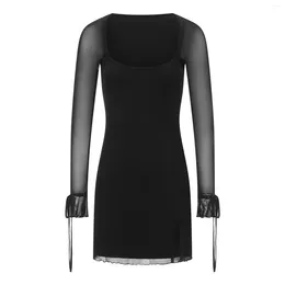 Casual Dresses Elegant Women Mini Bodycon Dress Solid Colour U-Neck Sheer Mesh Long Sleeve Spring Fall Slit