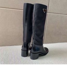 New Triangle panelled Knee-High Boots high quality nylon chunky block heel tall leather sole Women's luxury designers Fashion Party Dress shoes factory footwear9087