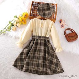 Girl's Dresses Dress Kids Girls 4-7 Years Brown Plaid Spliced Long-Sleeved Dress + Brown Plaid Hat For Girls Casual Retro Dress