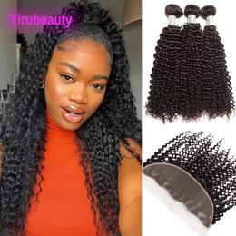 Kinky Curly Brazilian Virgin Human Hair Wefts With 13X4 Lace Frontal Free Part Yirubeauty Natural Colour 4 PCS