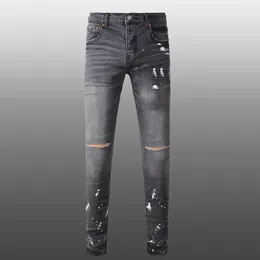 Men's Jeans 2023 Black Splash Ink Ripped Hombre High Street Jean Streetwear Motorcycle Pant Men Stretch Skinny Tapered Trouser