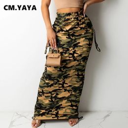 Dresses Cm.yaya Women Camouflage Drawstring Ruched Maxi Midi Skirts Streetwear Classic High Waist Long Pencil Skirt