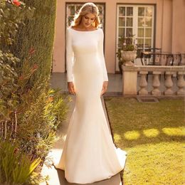 Elegant Mermaid Wedding Dress Soft Satin Cowl Back O-Neck Bridal Gown Simple White Long Sleeves Vestido de Novia 2024 Sweep Train