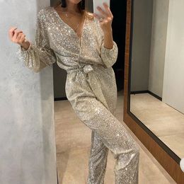 Women s Jumpsuits Rompers Sexy V neck Glitter Sequin Shiny Women Spring Lace up Slim Straight Playsuit Autumn Long Sleeve Party Overalls 231218