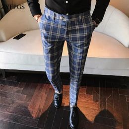 Blazers ZYFPGS Classic Vintage Cheque Suit Trousers Wedding Pants Blue Slim Fit Men Suit Trousers Mens Casual Pants Sexy Night Club 109