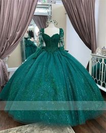 Quinceanera Green Dresses Princess with Bow Detachable Sleeves Lace Applique Beaded Ball 16th Birthday Prom Corset Gown