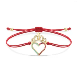 Charm Bracelets Multicolor CZ Crystal Lovely Crown Love Peach Heart Bracelet Women Cubic Zirconia Stones Red String Handmade Jewellery Gift