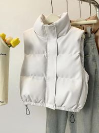 Women's Vests 2024 Autumn Winter Pu Leather Vest Women Female Sleeveless Jacket Puffy Solid Down Puffer White Duck