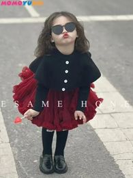 Kjolar koreansk stil vår höst baby flicka 3st set kostym långa ärmar stickad kappa tröja kjol barn kläder 231218