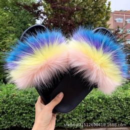 Slippers Racoon Fur Slides Woman Furry House Women Shoes Mules Fluffy Summer Sandals Plush Flip Flops Home Luxury Wholesale 221203