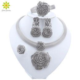 T-shirt Big 4pcs Jewellery Set Sier Plated Necklace Earrings for Women Bridal Party Wedding Accessories Saudi Arabic Dubai