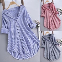 Women's Blouses M-4XL Women Tunic Shirt Striped Long-sleeves V Neck Mid Long Turn-down Collar Loose Fit Casual Summer Elegant Ladies Blouse