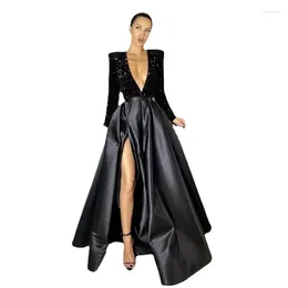 Casual Dresses V Neck Sequin Evening Dress Slit Long Sleeve 2024 Women Bodycon Cocktail Ladies Birthday Party Black