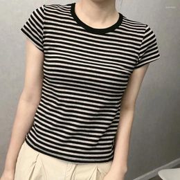 Women's T Shirts Classic Striped Cotton Slim Tees Casual Women Summer Round Neck Streetwear Short Sleeve T-shirts Vintage Y2K Crop Tops