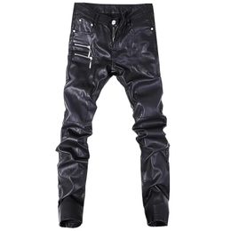 Mens Pants trend black Slim leather pants personality zipper stitching fashion youth motorcycle male 231218