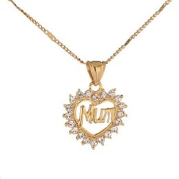Fashion Cute Alphabets Mum Heart Pendant Necklace Trendy Rhinestone Gold Color Heart Women Charm Jewelry Gift226g