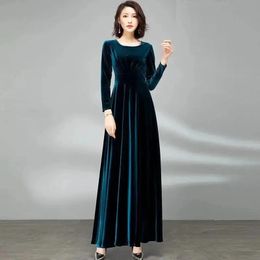 Urban Sexy Dresses Women's Clothing Lady's Autumn Gold Velvet Long-Sleeved Dress Waist Temperament Large Swing Long Dresses Women 231215