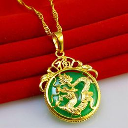 Dragon Pattern Jade Pendant Chain 18k Yellow Gold Filled Women Circle Pendant Necklace Gift With Box238j