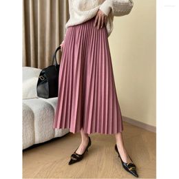 Skirts Winter Thick Midi Pleated Skirt Woman Fashion Elegant Long Casual Basic High Waist Pink