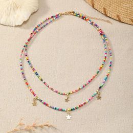 Necklace Earrings Set Trendy Bohemian Rice Beads Multi-layer Pentagram Pendant For Women Girls Gift Holiday Fashion Jewellery CN055