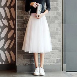 Dresses Women's Midi Pleated Skirt Spring Summer Elastic High Waist Black White Tulle Skirt Korean Style School Girl Aline Skirt Mesh