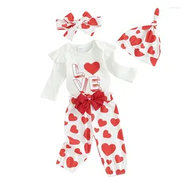 Clothing Sets Infant Girl Valentine S Day 4Pcs Outfit Long Sleeve Romper With Heart Print Pants And Hat Headband Set