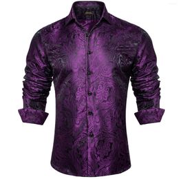 Men's Dress Shirts Luxury Purple Paisley Long Sleeve Silk Polyester Shirt Button Down Collar Social Prom Party Men Clothing