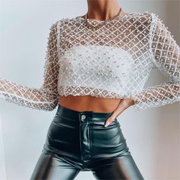 Women's T Shirts Embroidered Flares Glitter Sexy T-shirt Women O Neck Full Sleeve Crop Top Ladies Mesh Shiny Slim Party T-shirts Tops