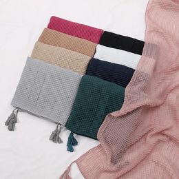 Ethnic Clothing Crinkle Pleated Cotton Hijabs With Tassels Muslim Long Shawls Soft Headscarf Wraps Foulard Islam Turban Headband Solid